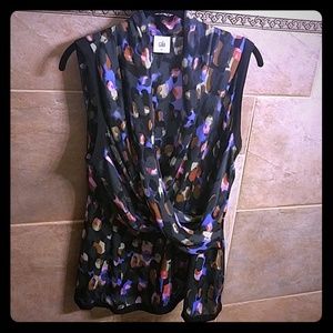 CAbi Top #3077, Faux Wrap blouse, Black/Multi